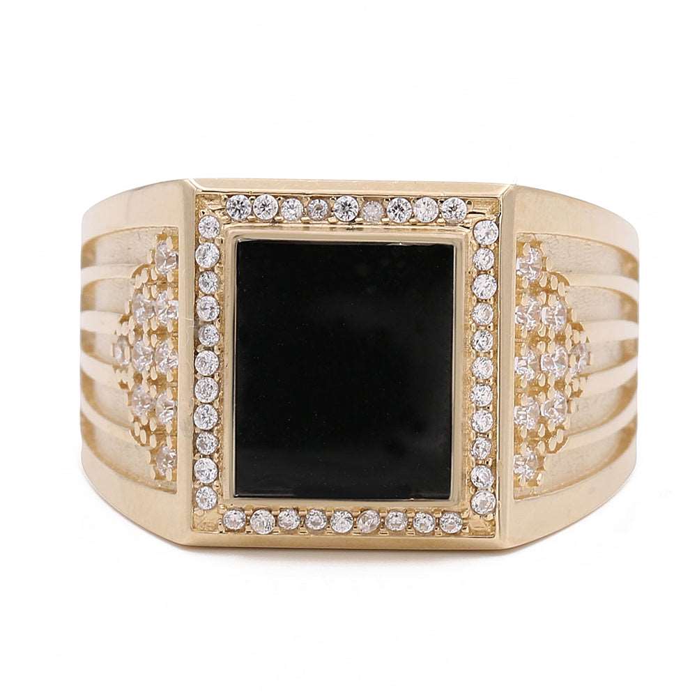 14K Yellow Gold Fashion Ring with Black Color Stone and Cubic Zirconias