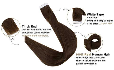Glue In Human Hair Chocolate Brown Tape in Hair Extensions Straight #4 ...
