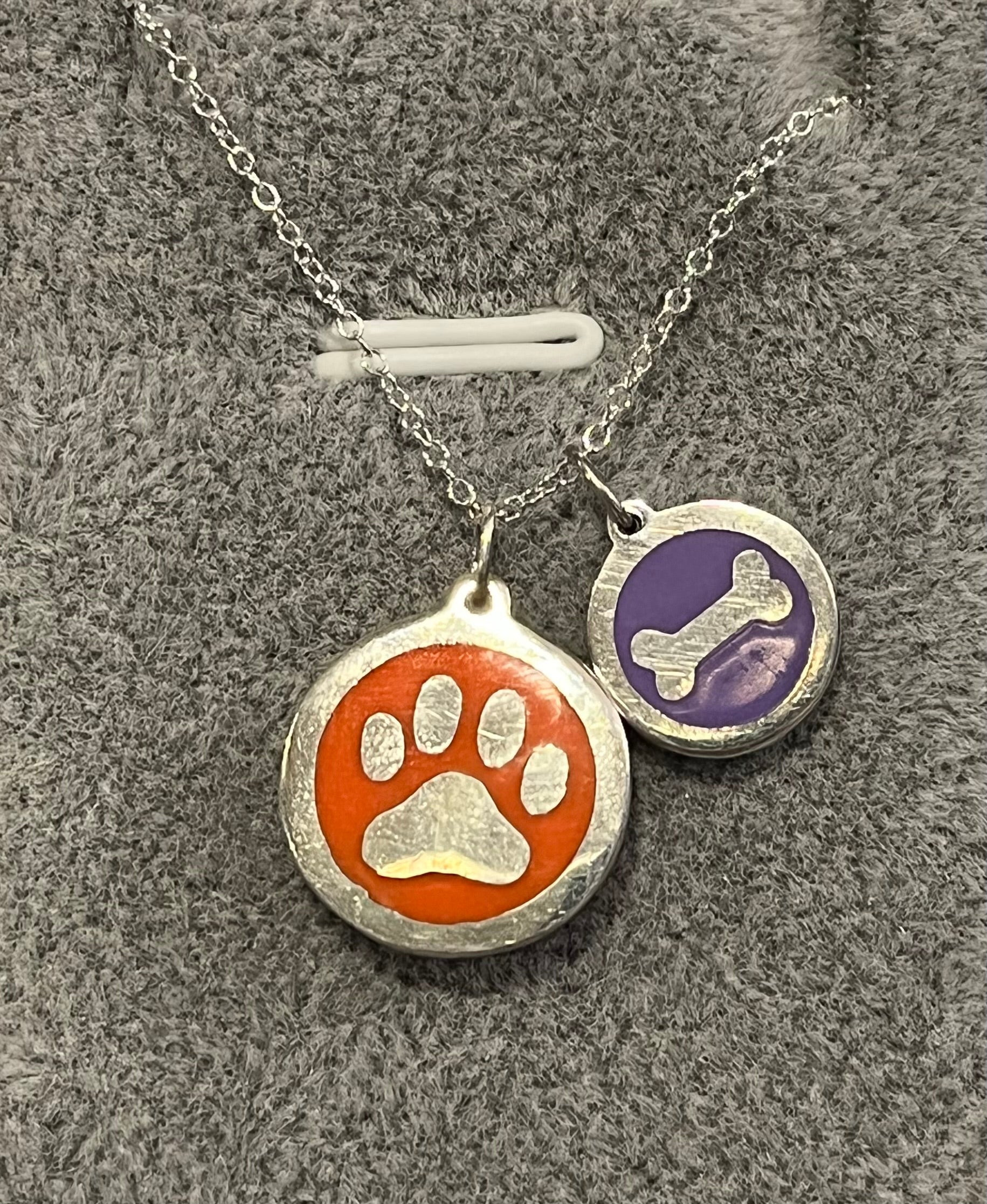 Silver Dog Paw and Bone Charm Necklace