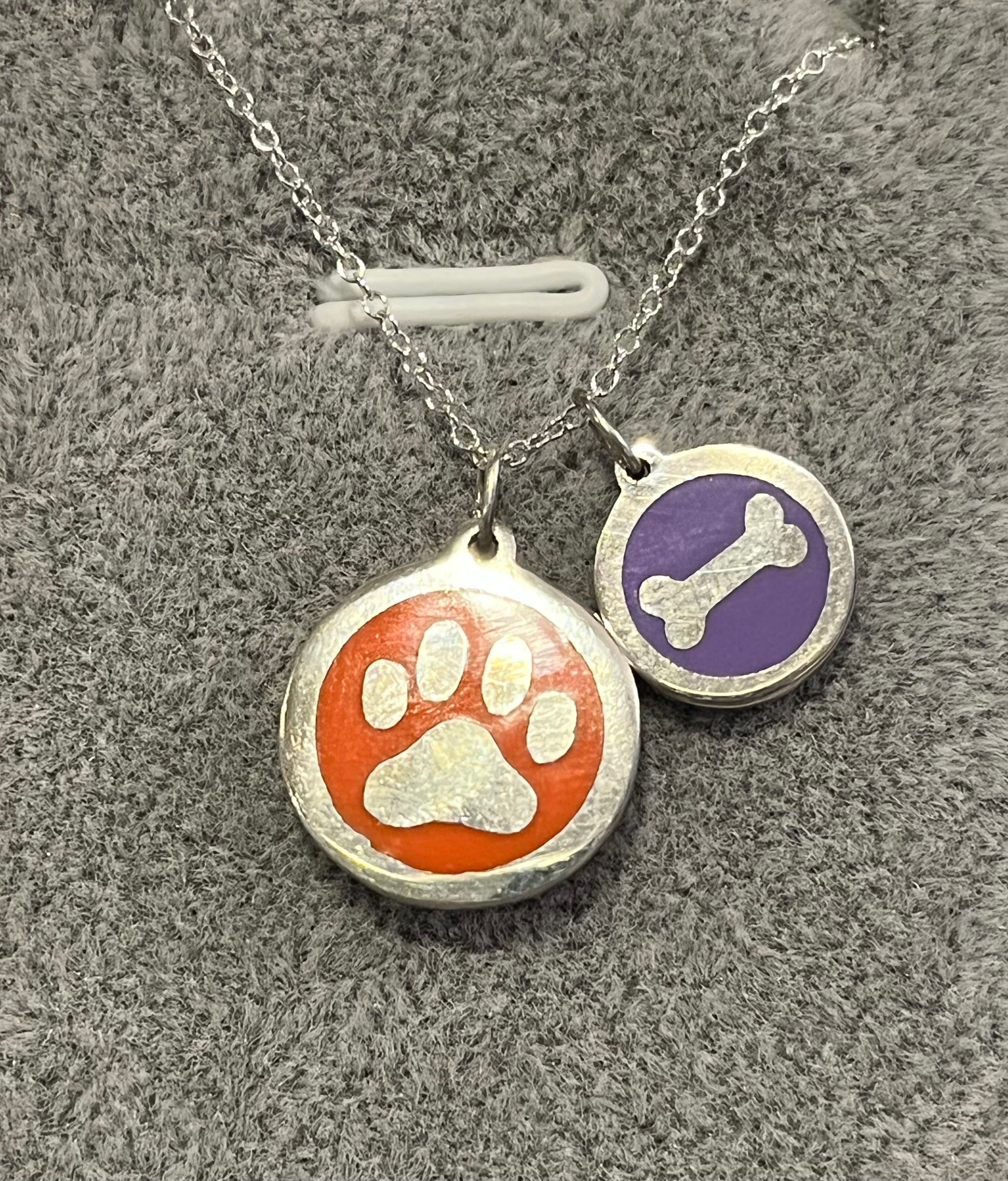 Silver Dog Paw and Bone Charm Necklace