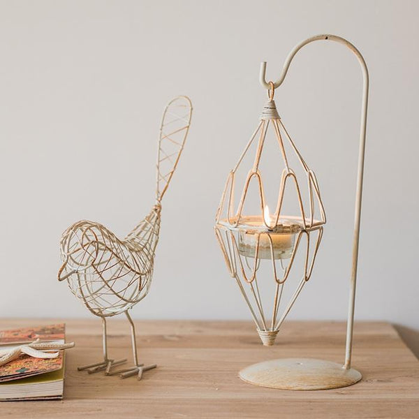 White Wire Bird and Candle Lantern