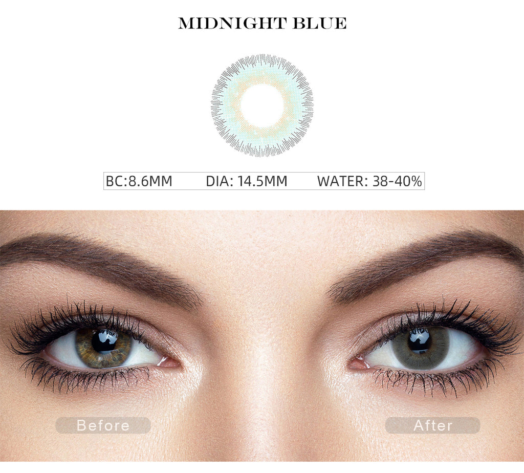 Elite Midnight Blue colored contact lenses before and after photo