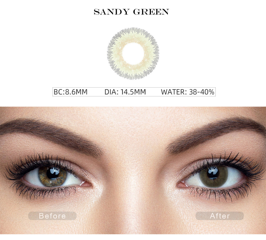 Elite Sandy Green contact lenses with before and after photo