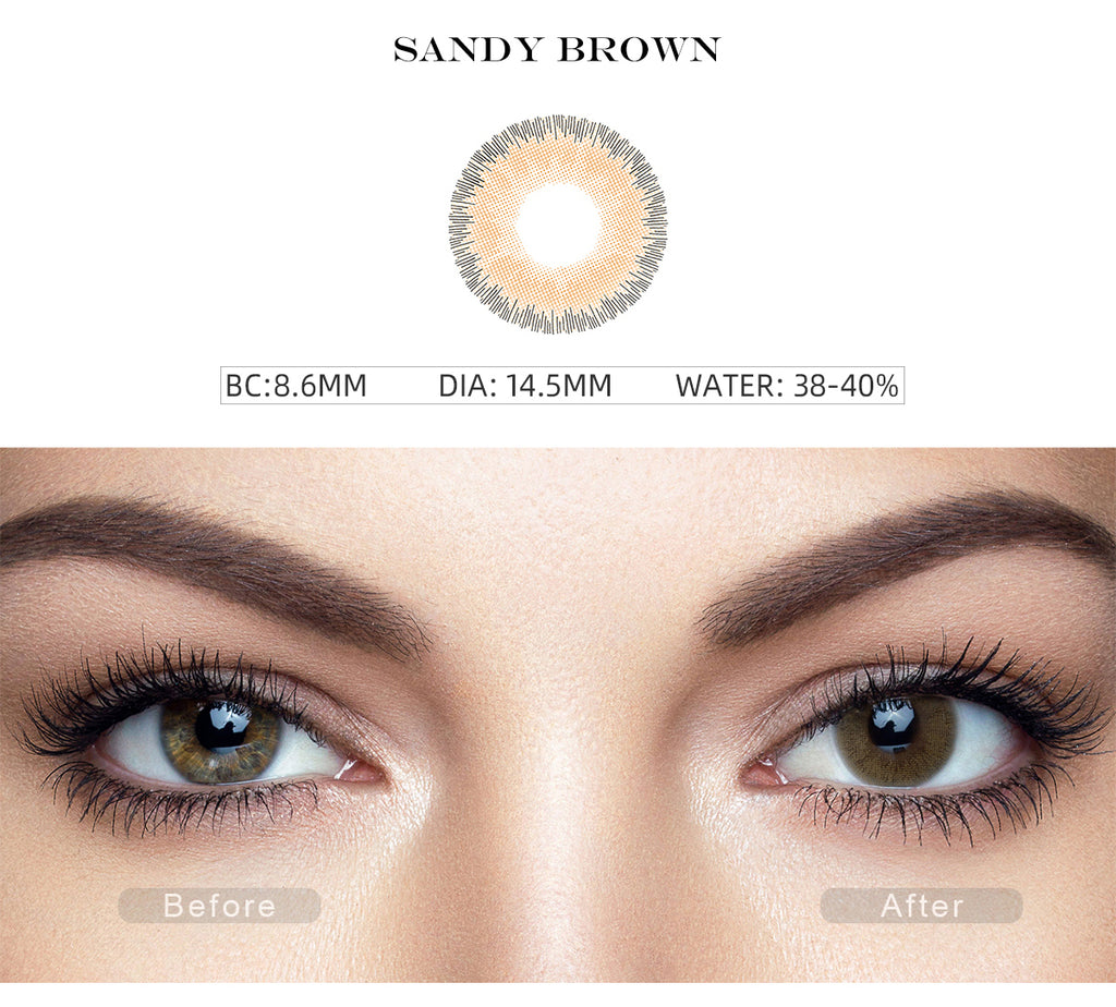 Elite Sandy Brown color contact lens with before and after photo