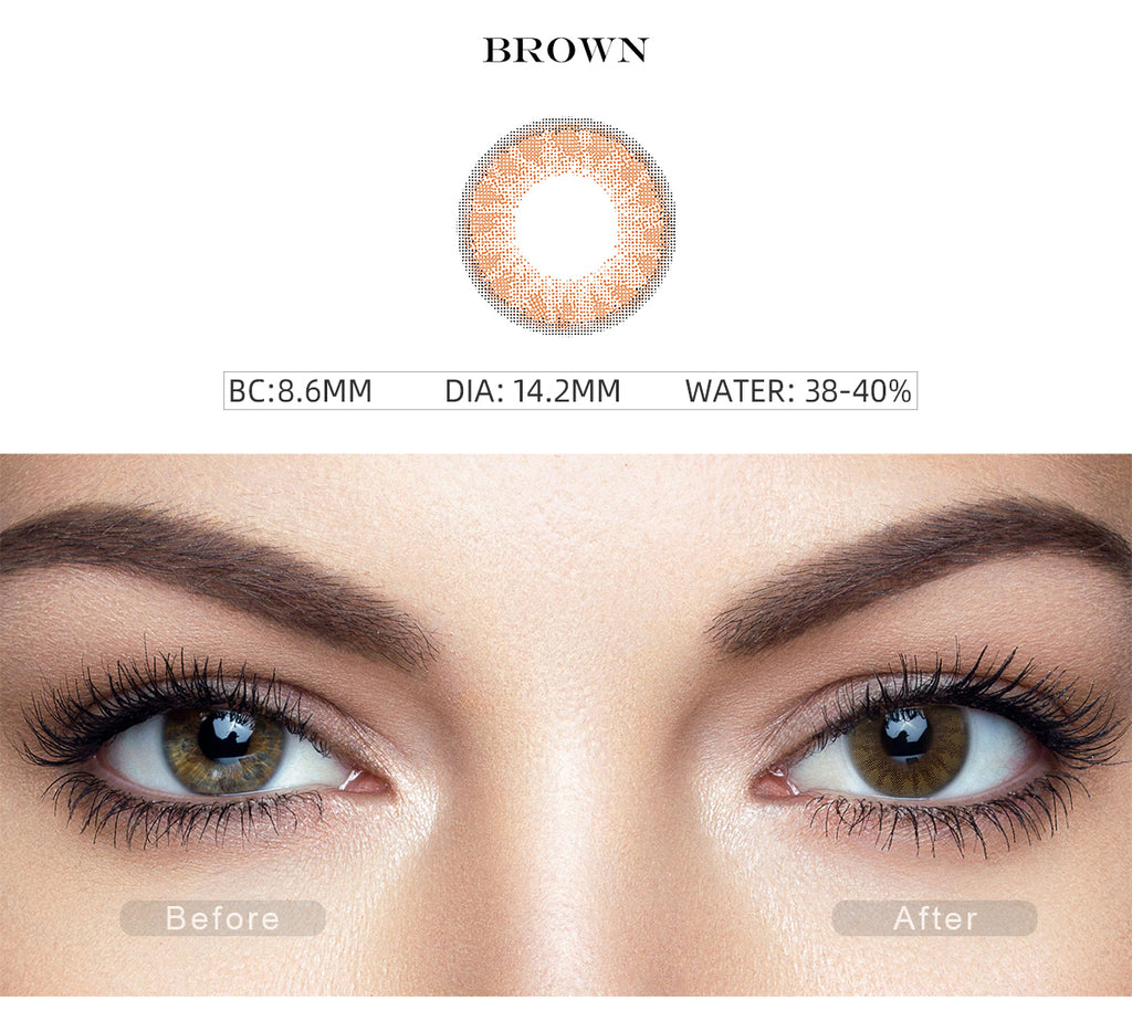 Glass Ball Brandy Brown colored contacts with before and after photo