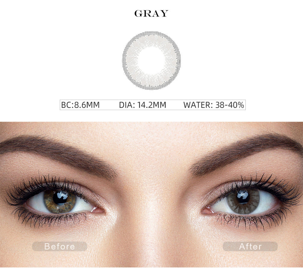 Glass Ball Silver Gray colored contact lenses with before and after photo