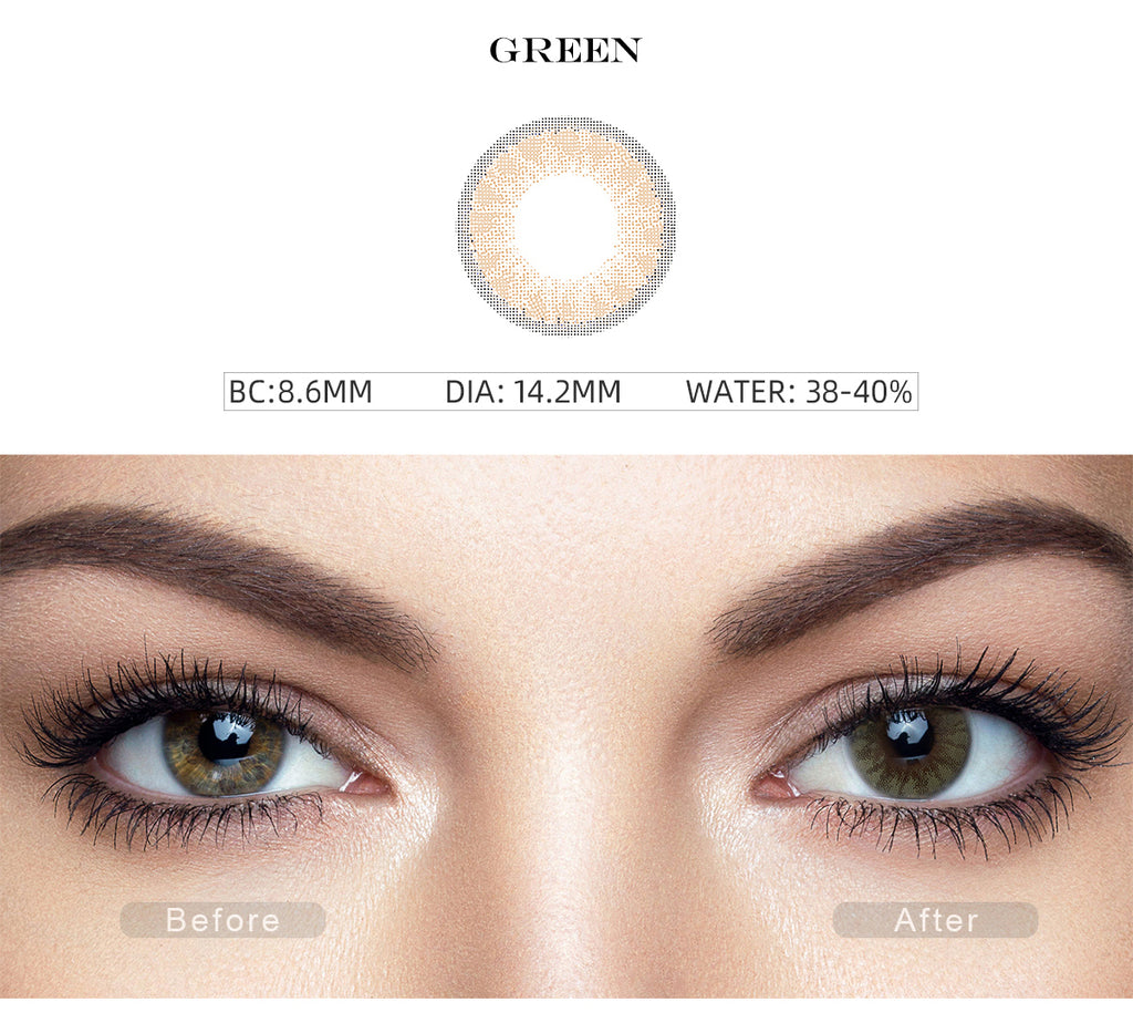 Glass Ball Yellow Green color contact lenses with before and after photo