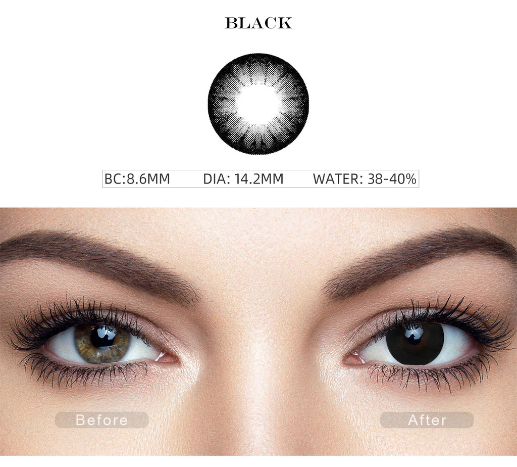 Glass Ball Black colored eye contacts with before and after photo