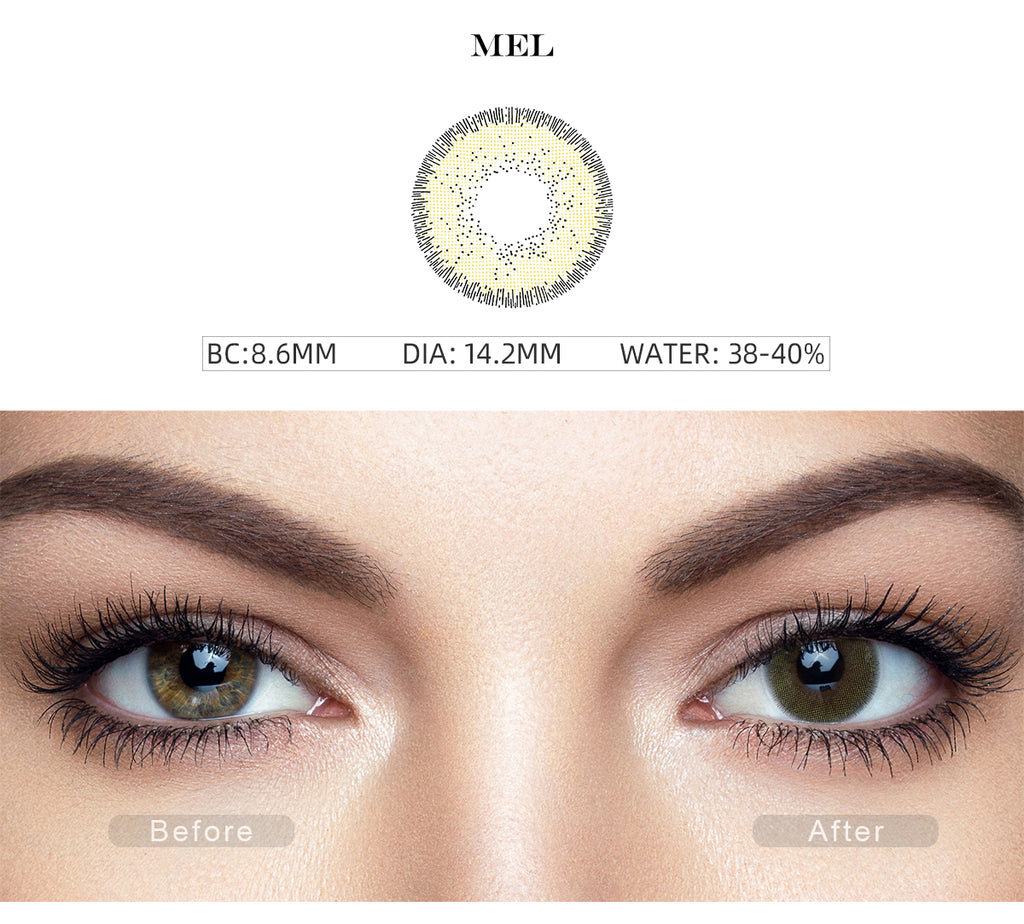Nature Mel Green colored contact lenses with before and after photo