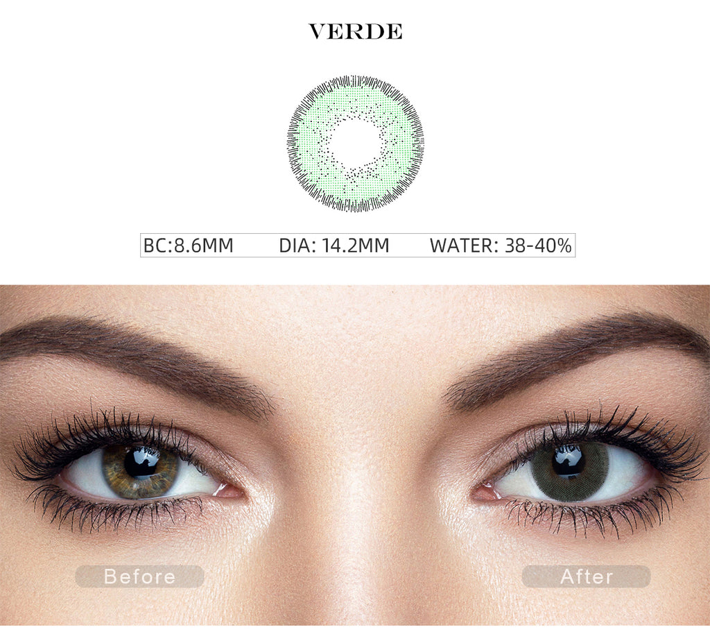 Nature Verde Green costume contact lenses with before and after photo