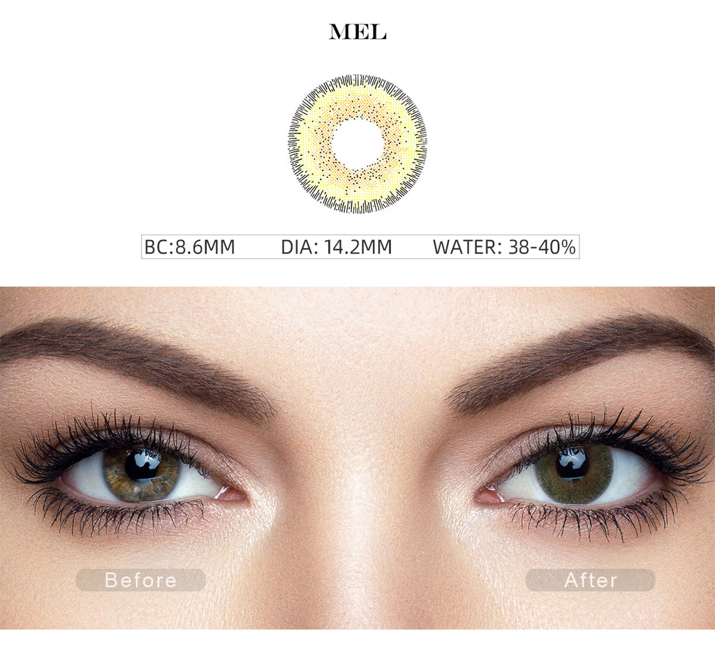 Natural Mel Yellow colored contact lenses with before and after photo