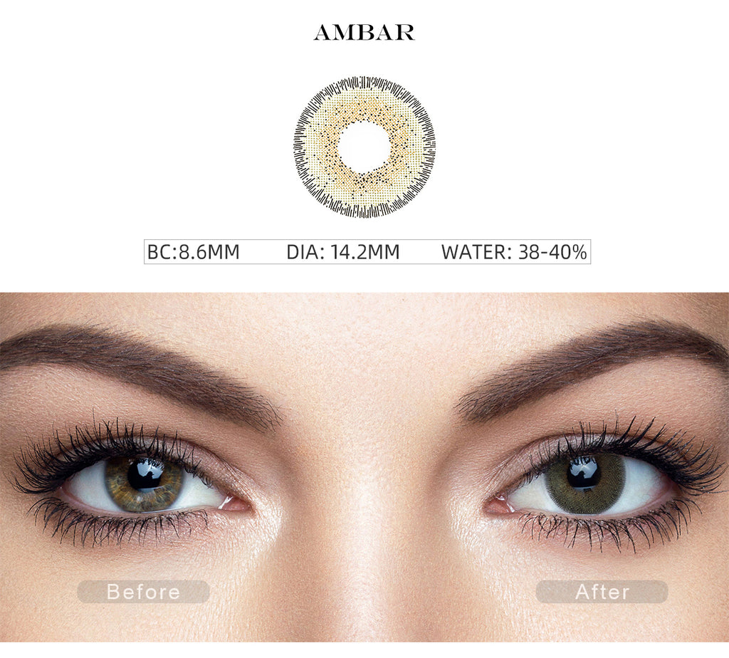 Natural Ambar Green color contact lenses with before and after photo