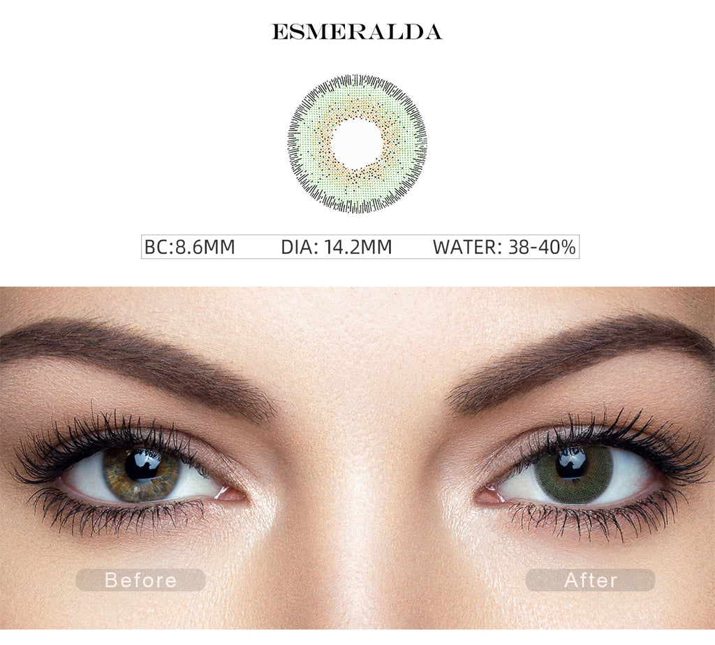 Natural Esmeralda Green contact lenses color with before and after photo