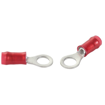 RING TERMINAL/#10 stud/tab size, female, insulated, red, tin plating, copper material, nylon insulation, 300 VAC. For use with 22-16 gauge wire.
