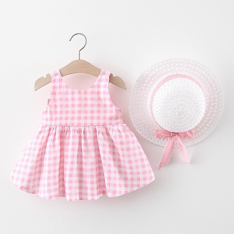 Plaid Baby Girls Dresses With Hat