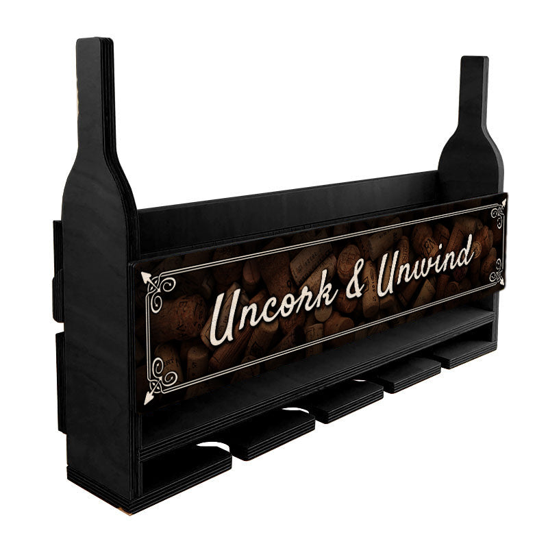Wall Mounted Wine Bottle & Glass Hanging Shelf w/ Uncork & Unwind Plaque