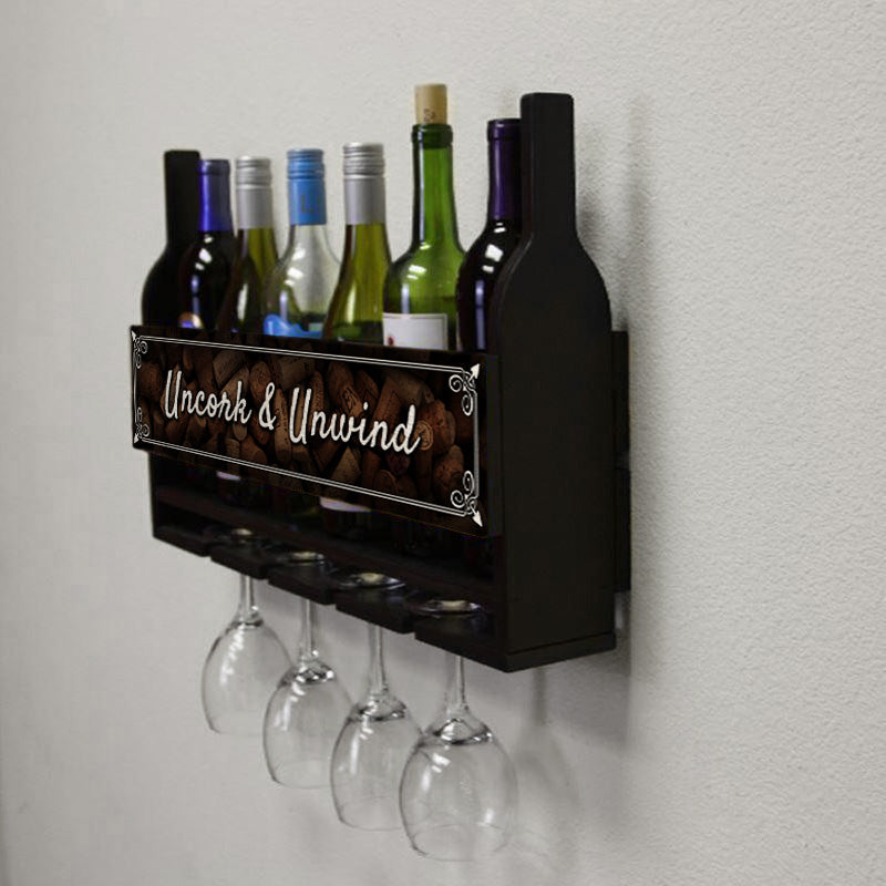 Wall Mounted Wine Bottle & Glass Hanging Shelf w/ Uncork & Unwind Plaque