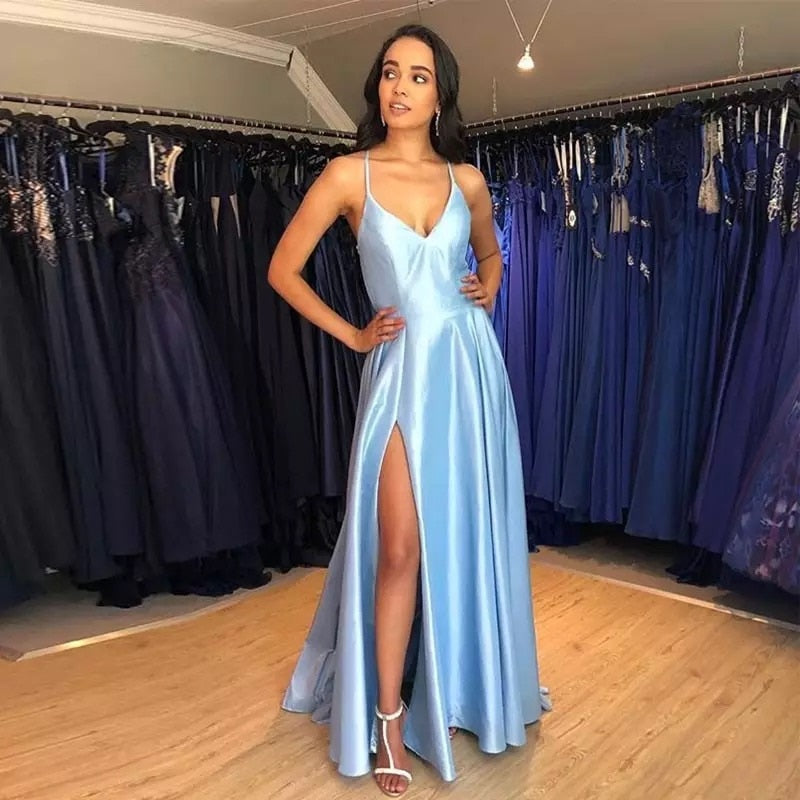 Satin Long Formal Prom Dress With Straps