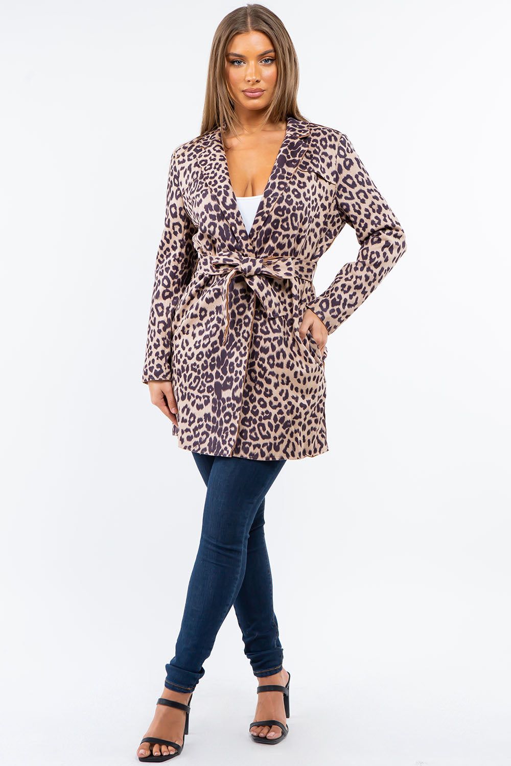 Faux/Suede Leo Print One Button Closure Cardigan Jacket with Pockets