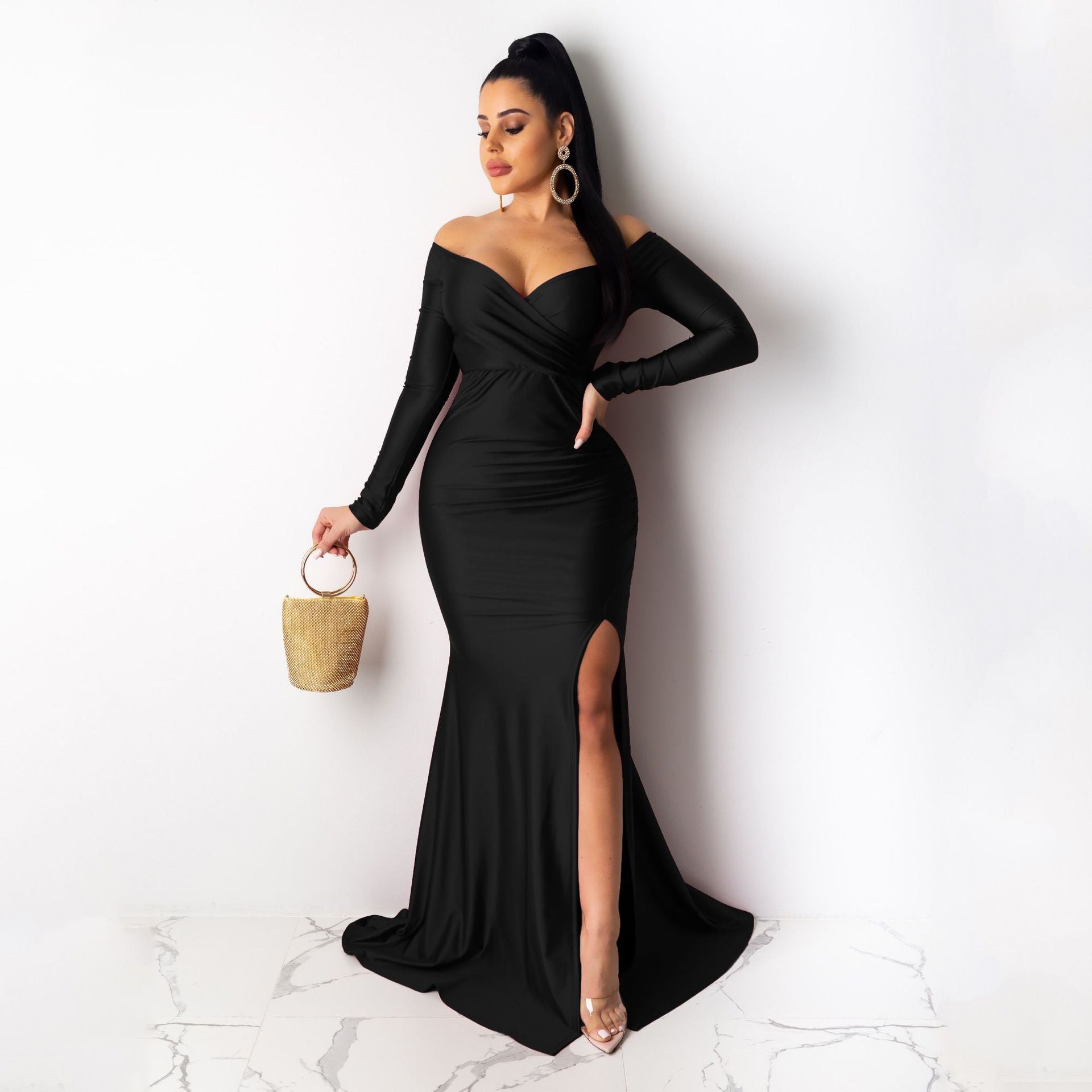 V-Neck off Shoulder Maxi Dress