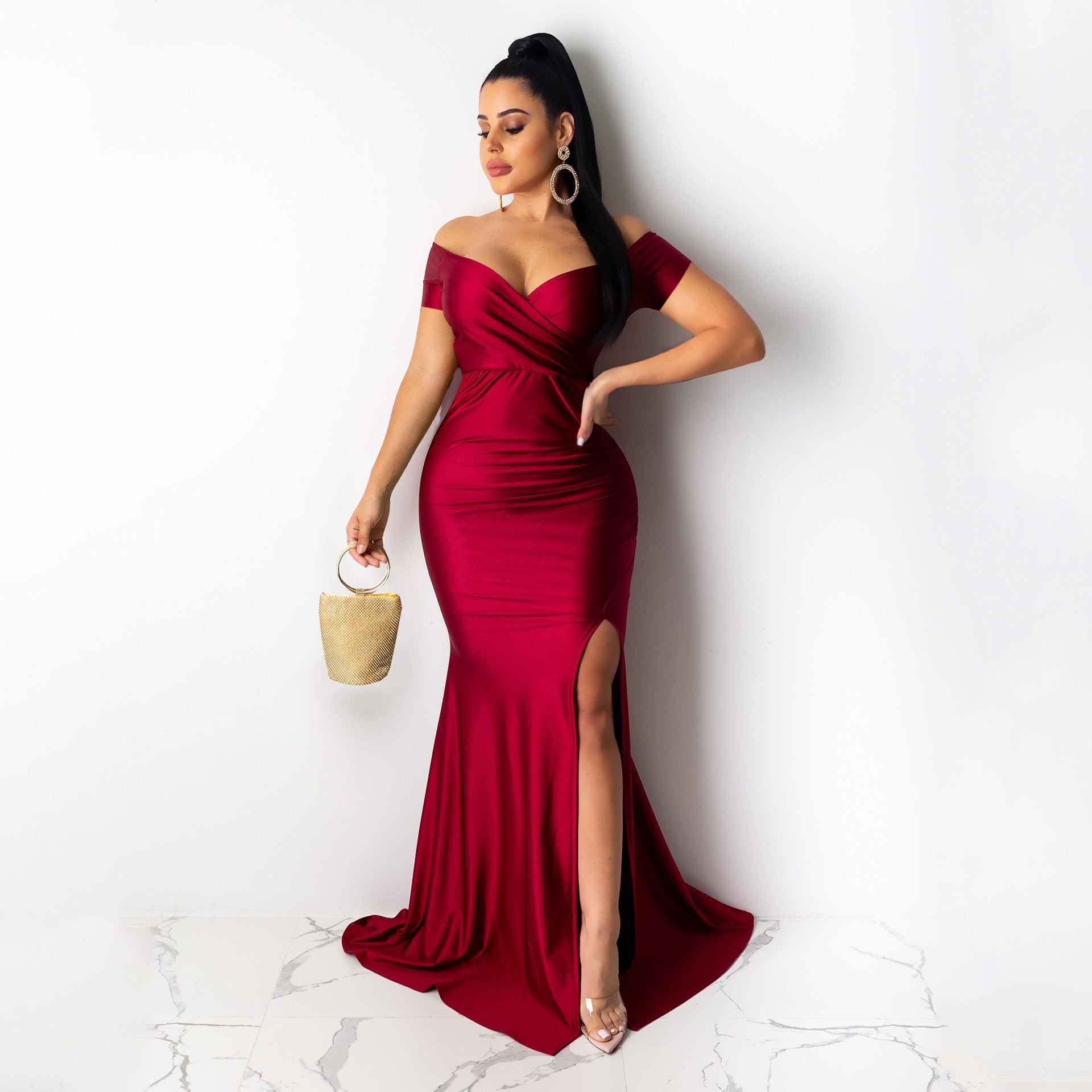 V-Neck off Shoulder Maxi Dress