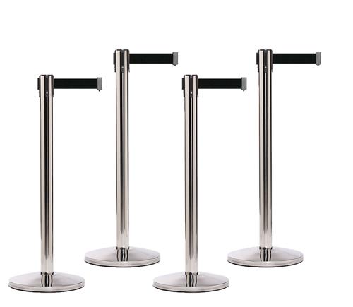 SET OF 4 Polished Stainless RETRACTABLE BELT BARRIERS-Queue Master