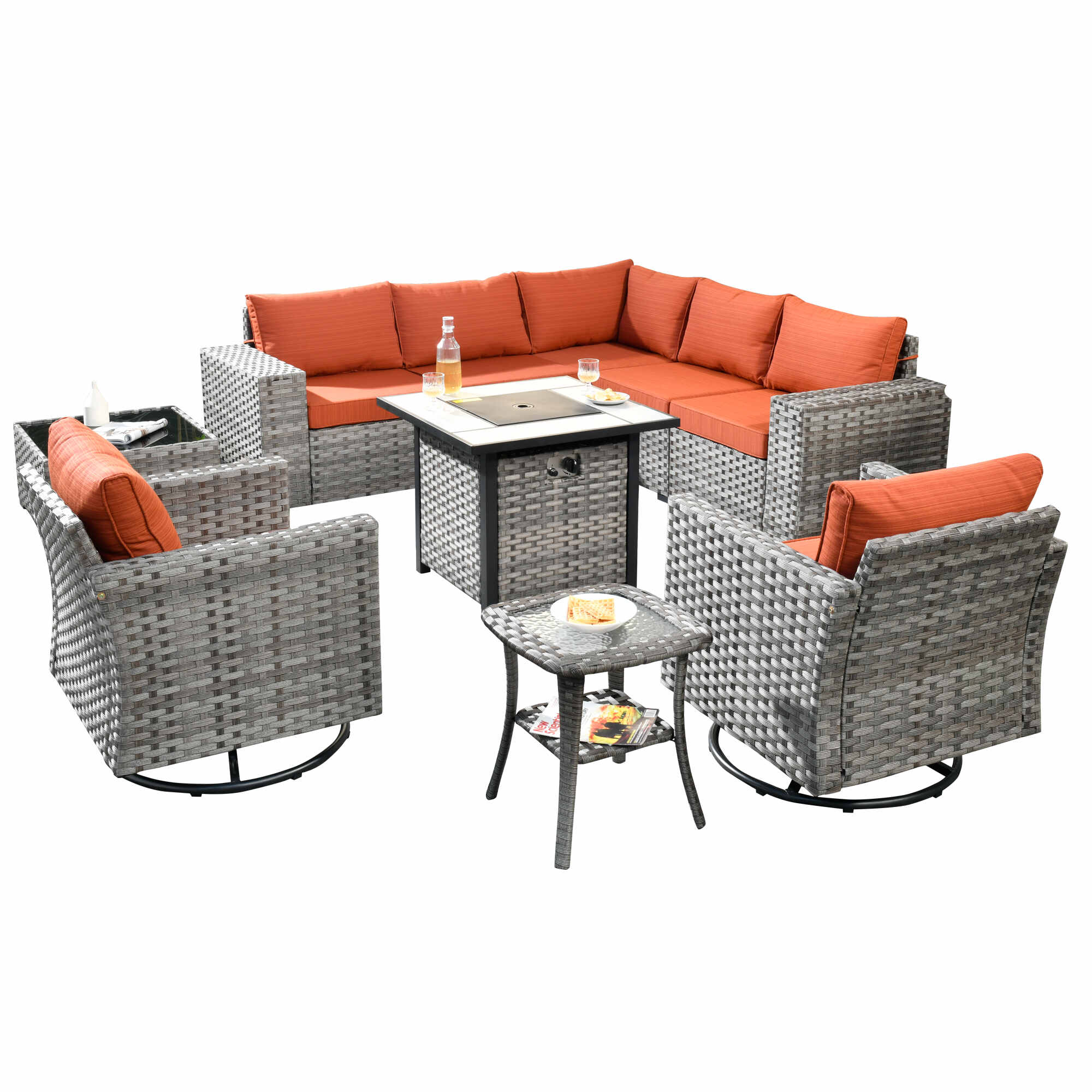 Ovios patio furnitrue orange set with fire pit table