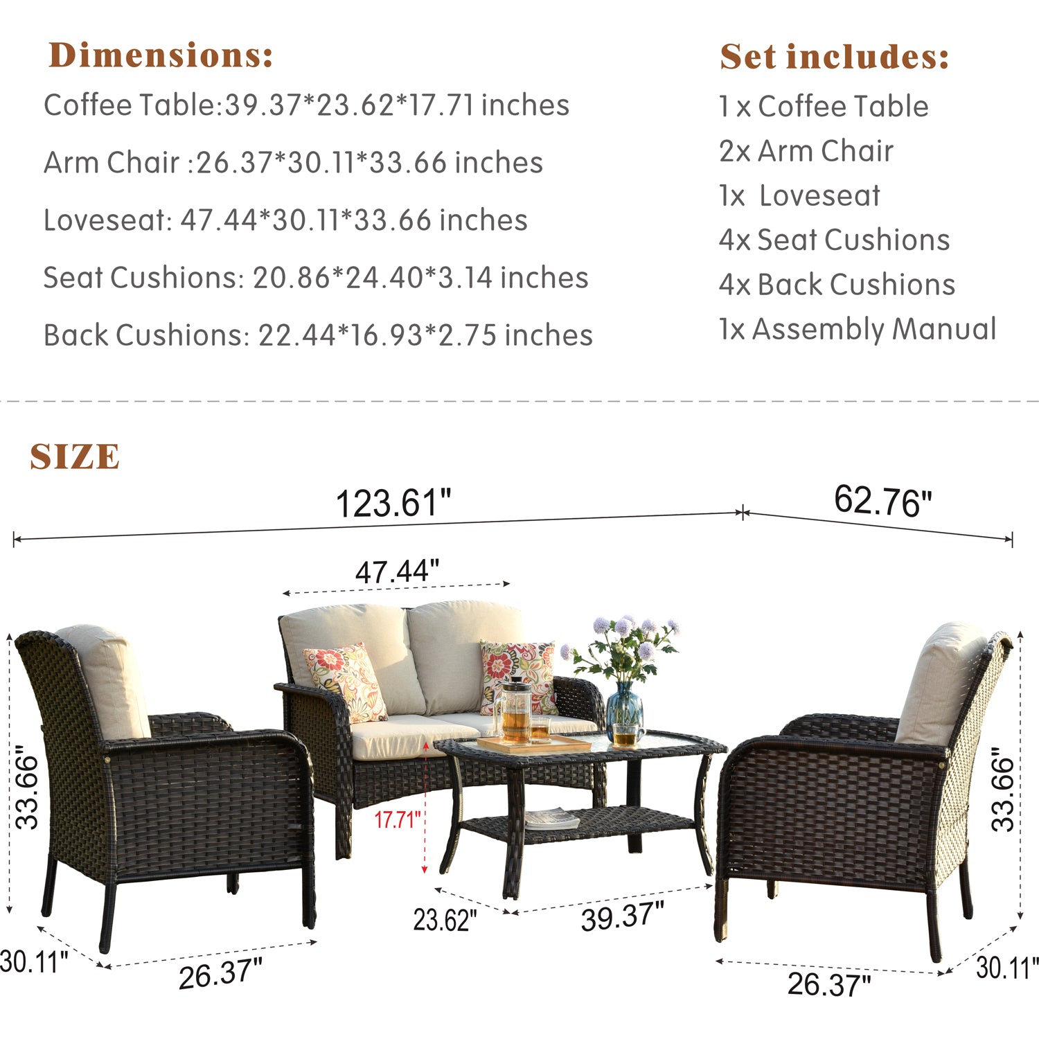 Ovios Outdoor Furniture 4 Piece High Back