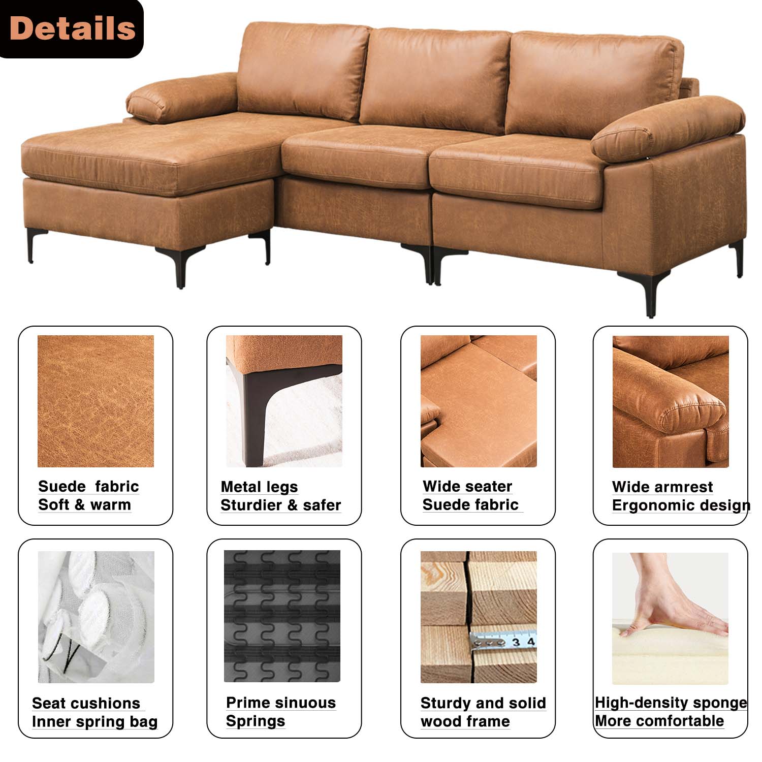 Ovios Living Room 100.78" Wide Fabric or Leathaire Reversible Sofa