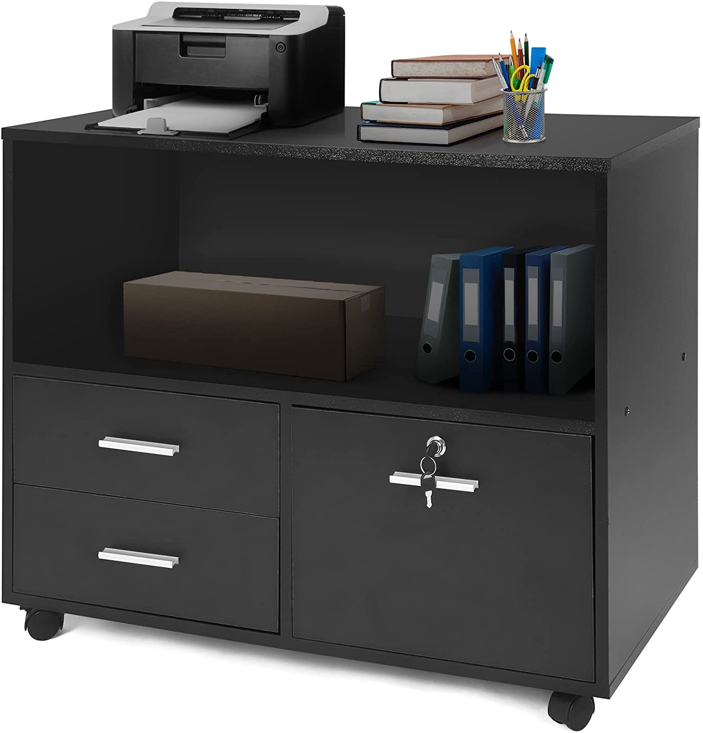 Filing Cabinet Printer Stand Mobile Lateral File Cabinet w/ 3 Drawers & 1 Open Storage Shelves for Home Office Organization, Black