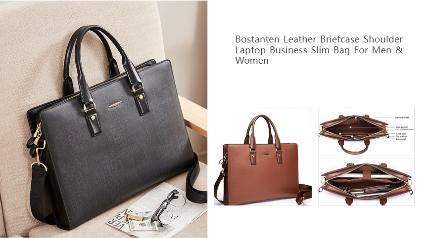 Bostanten Leather Briefcase Shoulder Laptop Business Slim Bag For Men & Women