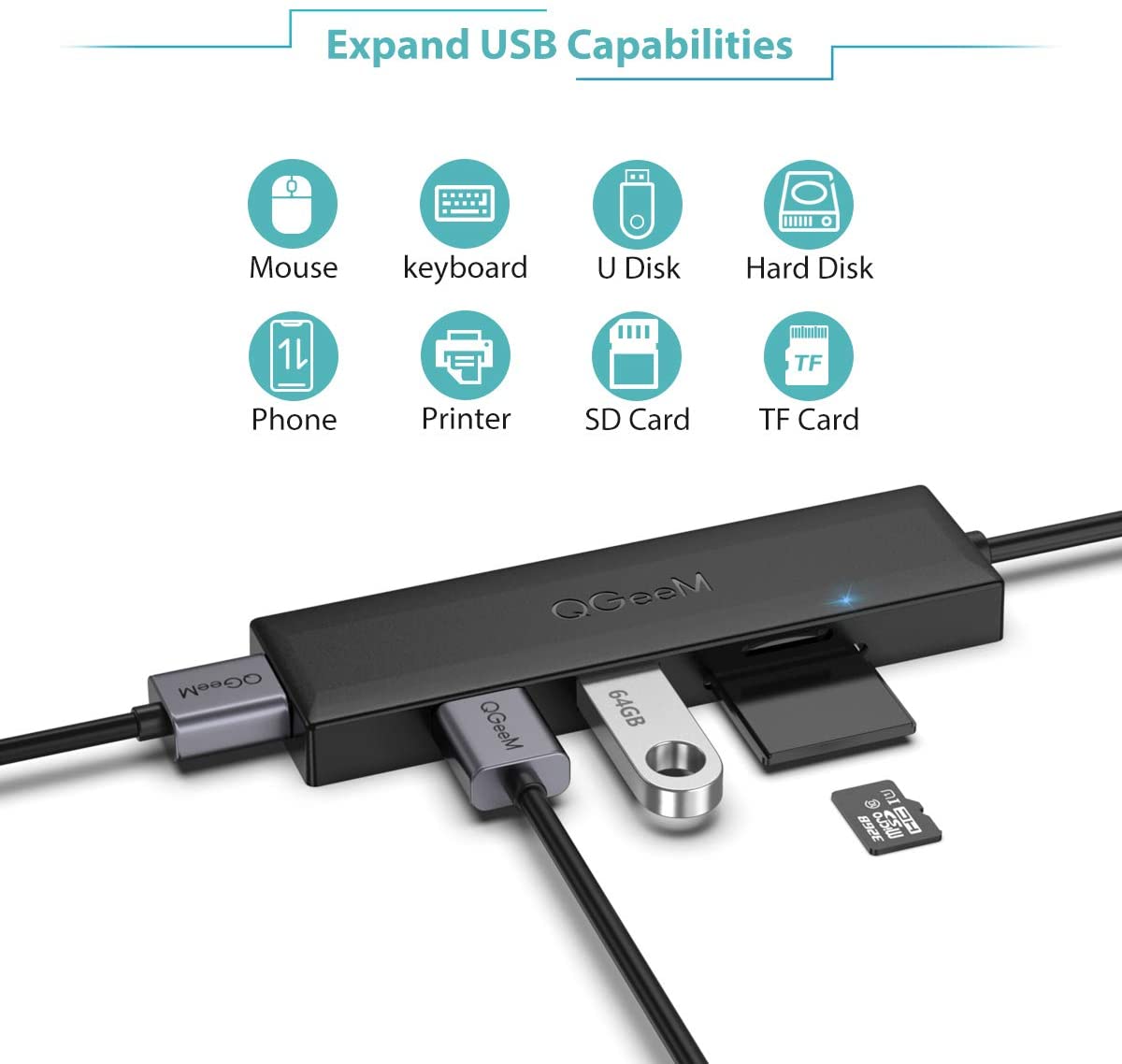 UA0402 QGeeM 5 in 1 Hub for Laptop, 2.5ft USB Extended Cable w/ SD/TF Card Reader X002IKOB65