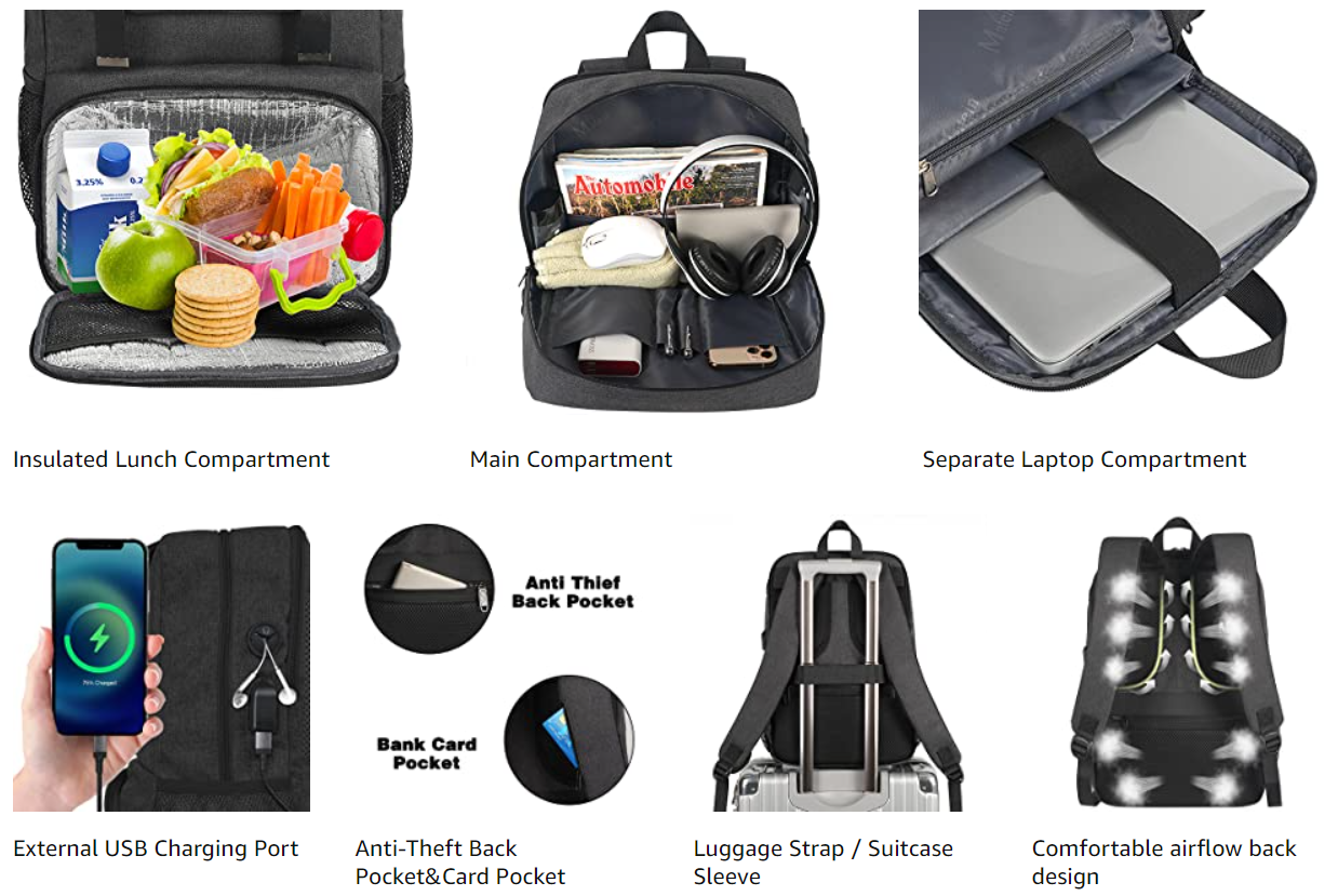 Matein Charcoal Black Bookbag With Lunch Box