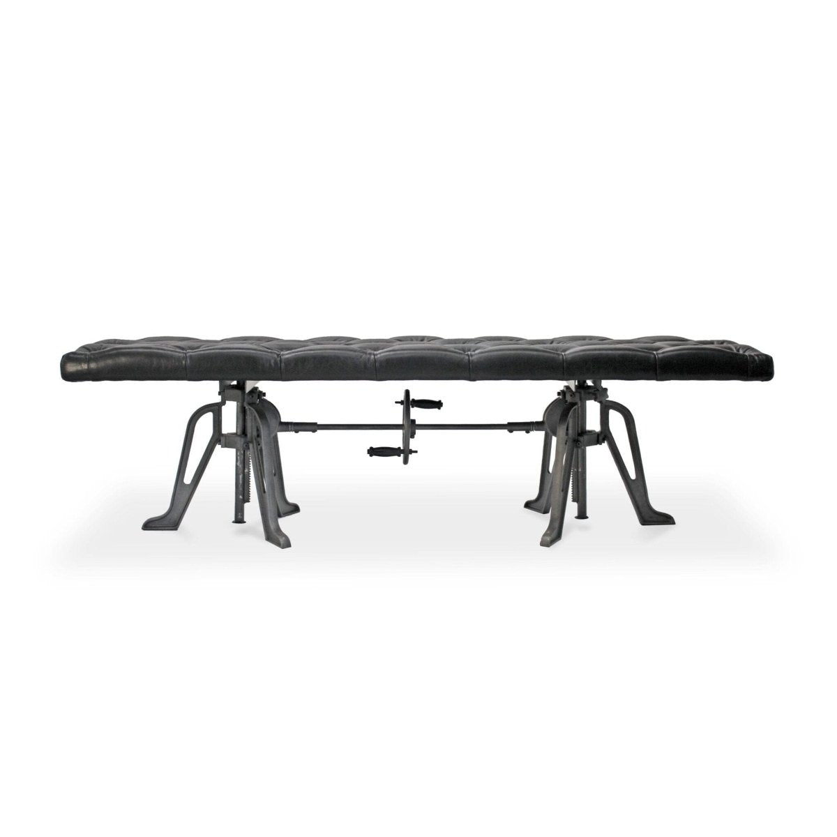 Adjustable Industrial Dining Bench - Cast Iron - Black Tufted Leather - 70