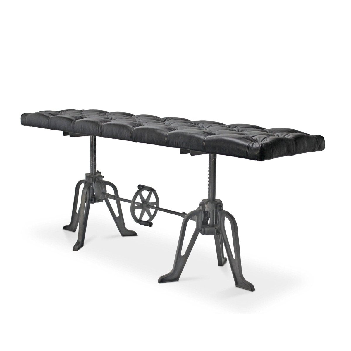 Adjustable Industrial Dining Bench - Cast Iron - Black Tufted Leather - 70