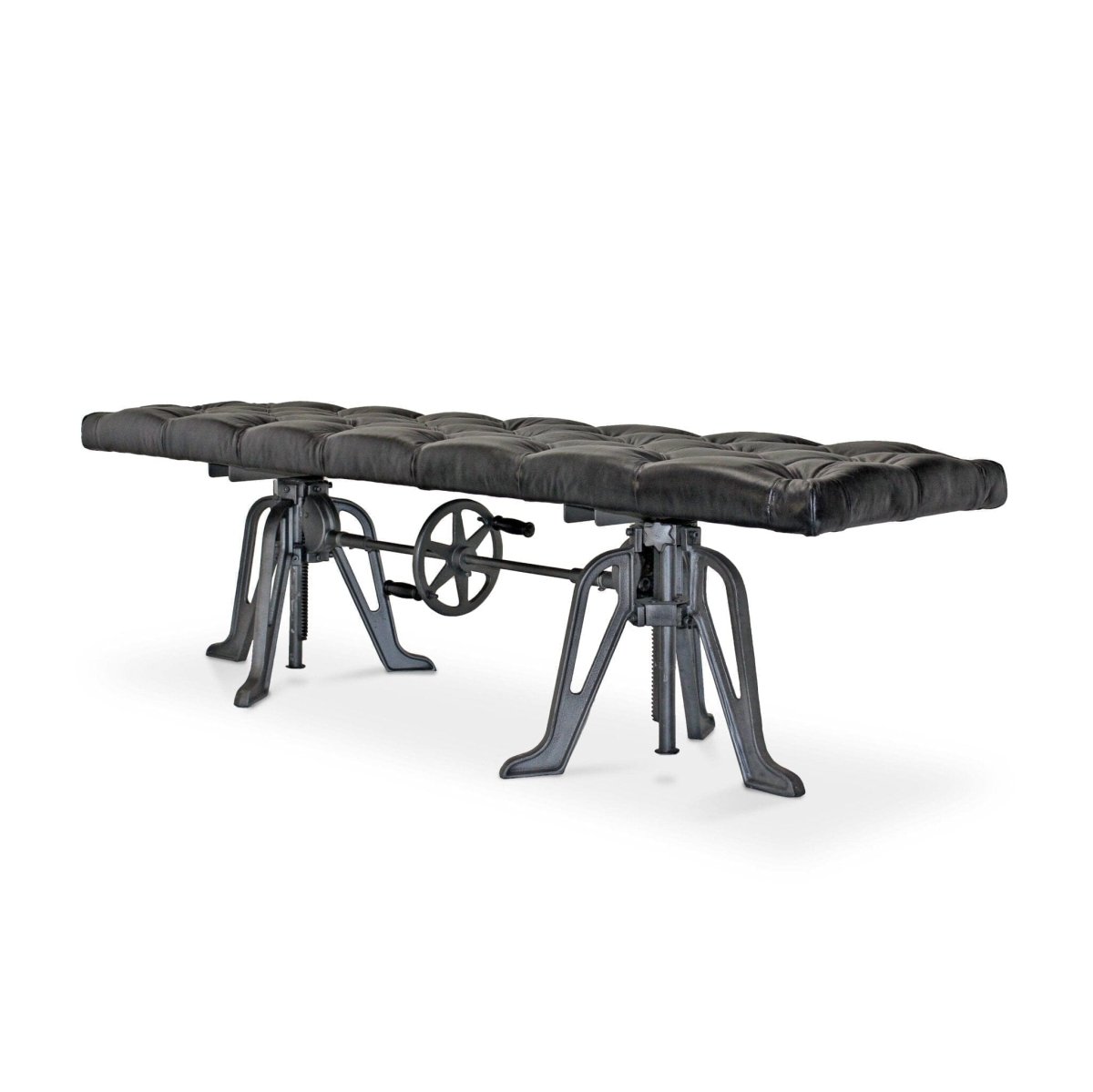 Adjustable Industrial Dining Bench - Cast Iron - Black Tufted Leather - 70