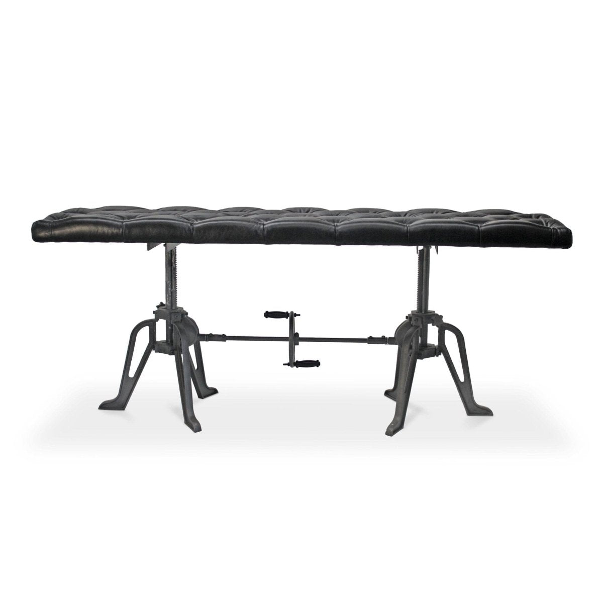 Adjustable Industrial Dining Bench - Cast Iron - Black Tufted Leather - 70