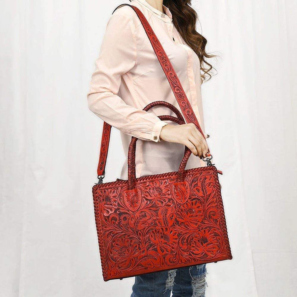 American Darling Red Tooled Leather Tote