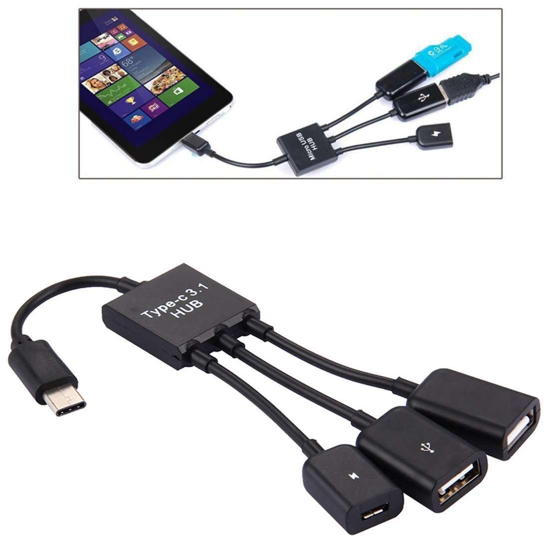 AMZER? 17.8cm 3 Ports USB Type-C 3.1 OTG Charge HUB Cable - Black