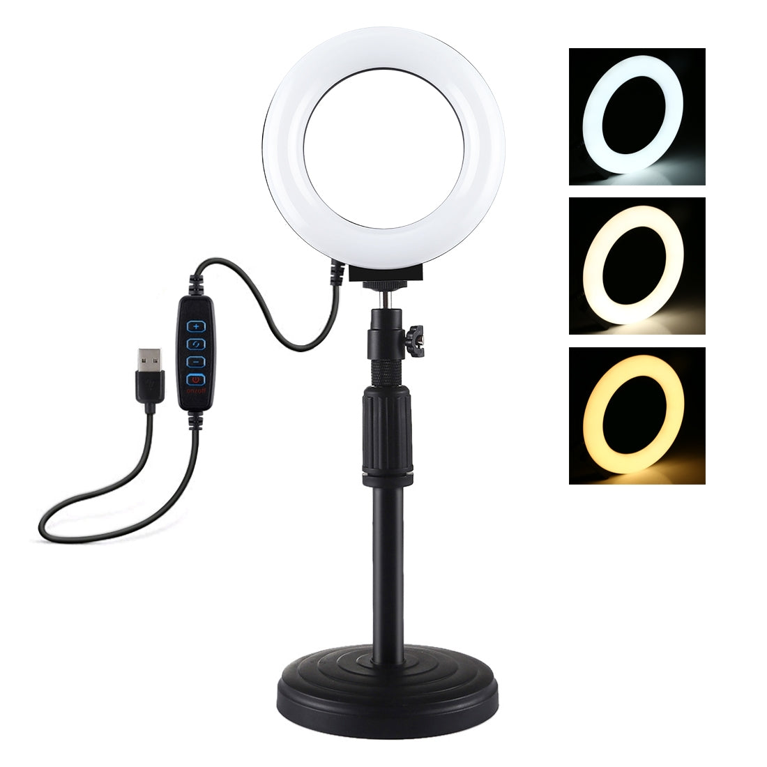 Live Broadcast Round Base Desktop Mount with 4.7 inch 12cm 3 Modes USB Dimmable LED Ring - Adjustable Height 18cm-28cm