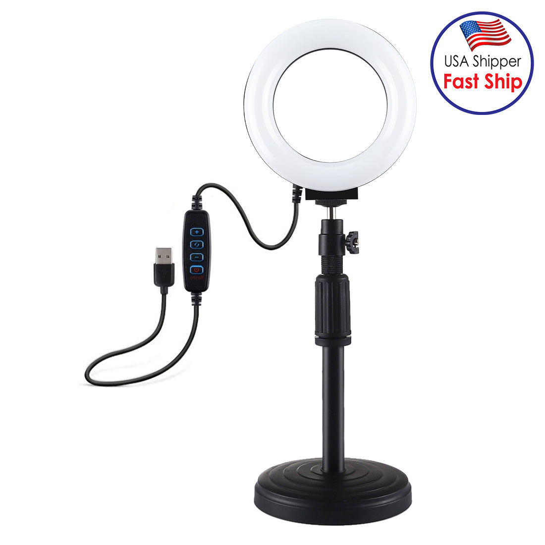 Live Broadcast Round Base Desktop Mount with 4.7 inch 12cm 3 Modes USB Dimmable LED Ring - Adjustable Height 18cm-28cm