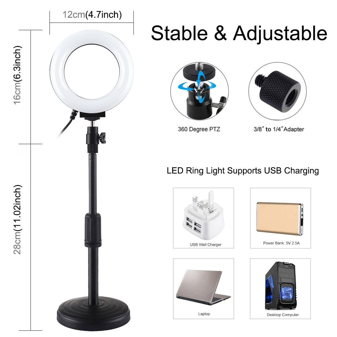 Live Broadcast Round Base Desktop Mount with 4.7 inch 12cm 3 Modes USB Dimmable LED Ring - Adjustable Height 18cm-28cm