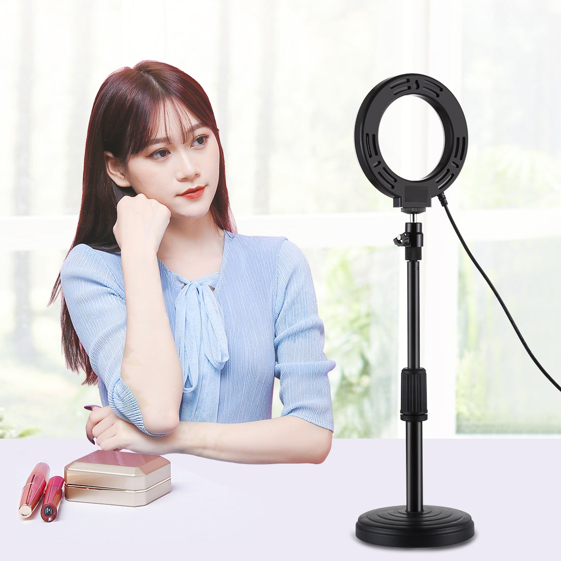 Live Broadcast Round Base Desktop Mount with 4.7 inch 12cm 3 Modes USB Dimmable LED Ring - Adjustable Height 18cm-28cm