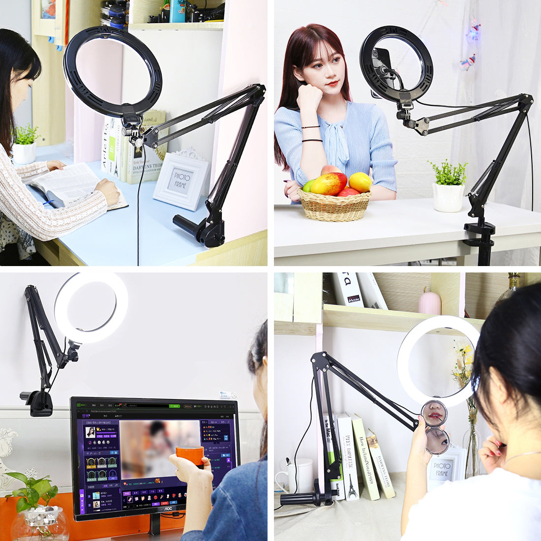 AMZER Live Broadcast Kits Desktop Arm Stand USB 3 Modes Dimmable Dual Color Temperature LED + 7.9 inch 20cm Ring Curved Light with Phone Clamp - pack of 2