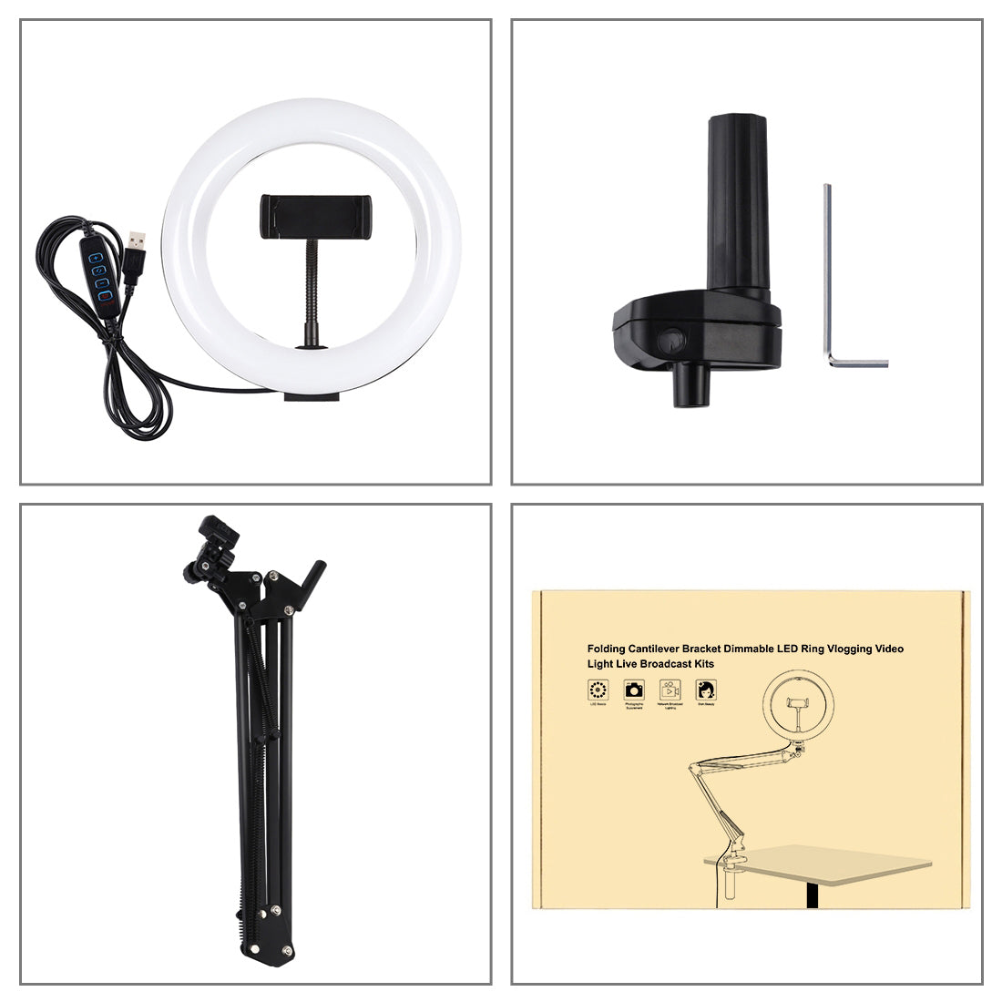 AMZER Live Broadcast Kits Desktop Arm Stand USB 3 Modes Dimmable Dual Color Temperature LED + 7.9 inch 20cm Ring Curved Light with Phone Clamp - pack of 2