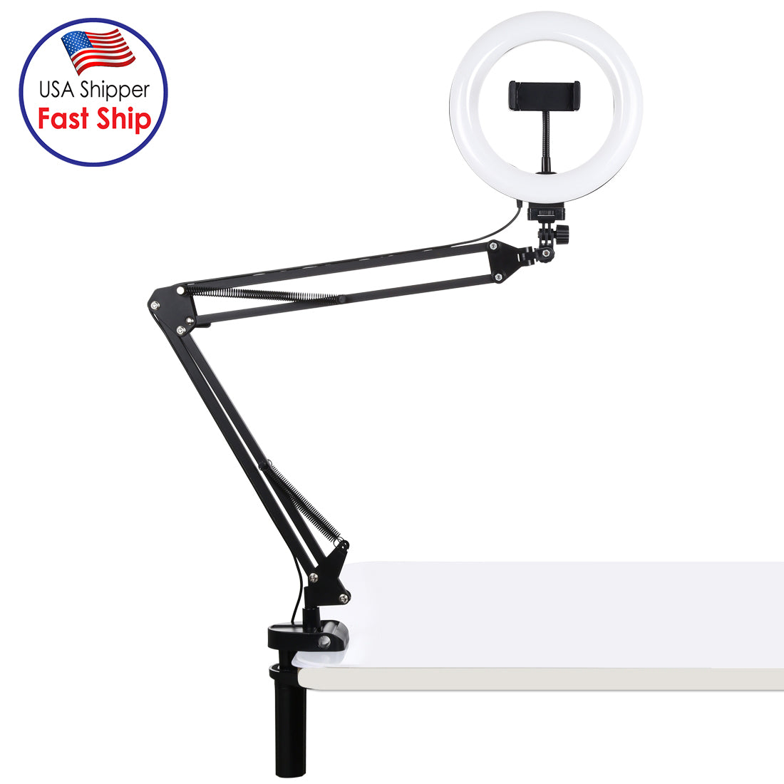 AMZER Live Broadcast Kits Desktop Arm Stand USB 3 Modes Dimmable Dual Color Temperature LED + 7.9 inch 20cm Ring Curved Light with Phone Clamp - pack of 2