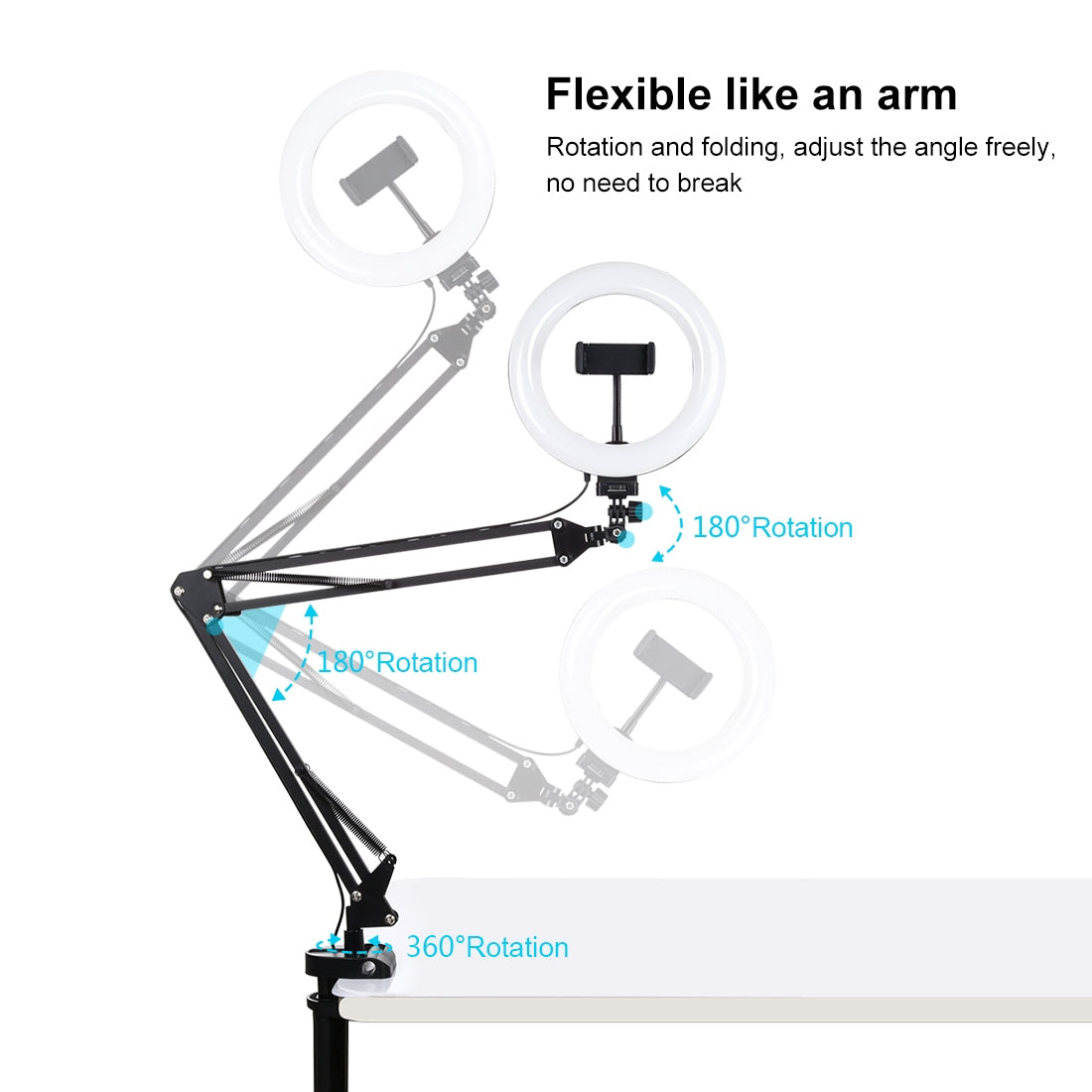 AMZER Live Broadcast Kits Desktop Arm Stand USB 3 Modes Dimmable Dual Color Temperature LED + 7.9 inch 20cm Ring Curved Light with Phone Clamp - pack of 2