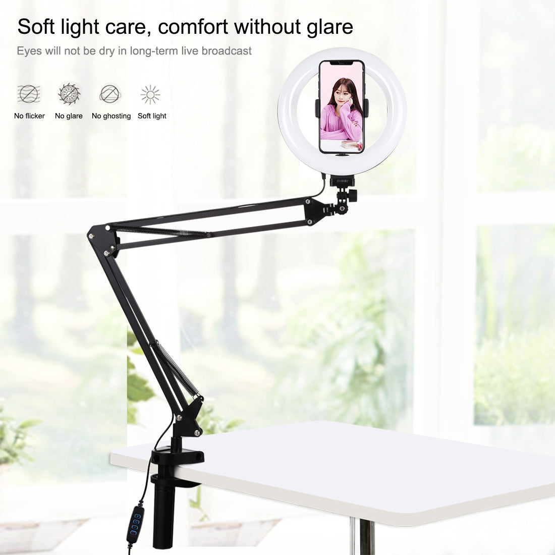 AMZER Live Broadcast Kits Desktop Arm Stand USB 3 Modes Dimmable Dual Color Temperature LED + 7.9 inch 20cm Ring Curved Light with Phone Clamp - pack of 2