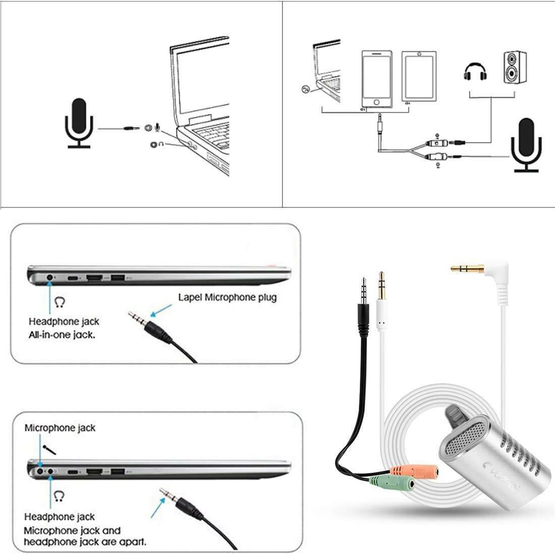 Recording Clip-on Lapel Mic Lavalier Omni-directional Double Condenser Microphone, Compatible with PC/iPad/Android and others, for Live Broadcast, Show, KTV, etc (Silver)