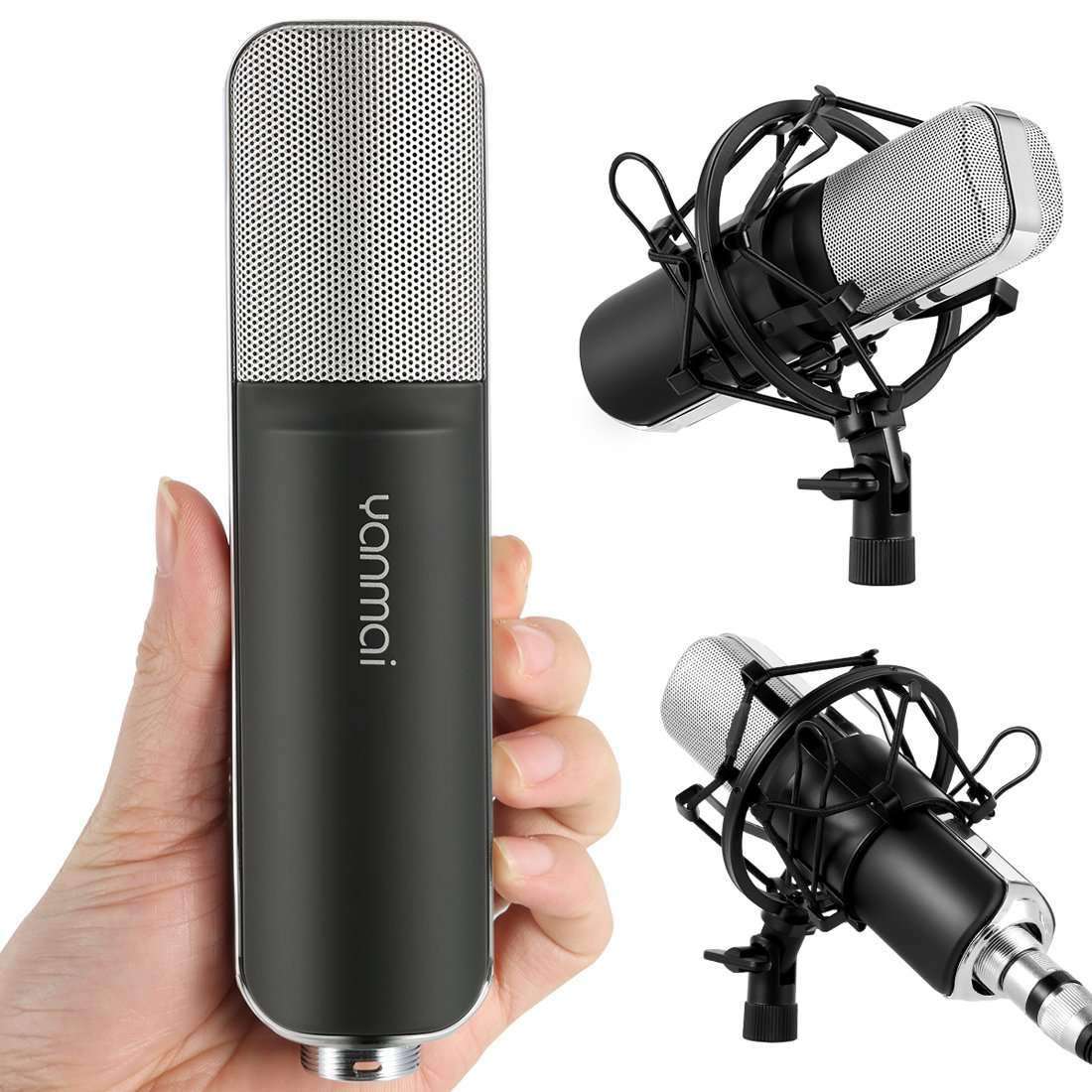 Professional Game Condenser Sound Recording Microphone with Holder, Compatible with PC and Mac for  Live Broadcast Show, KTV, etc.(Black)